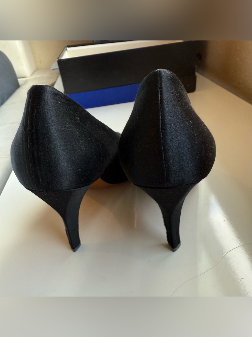 Yves Saint Laurent Black Satin Pumps with Blue and Gold Sequin Medallions - Picture 7 of 13